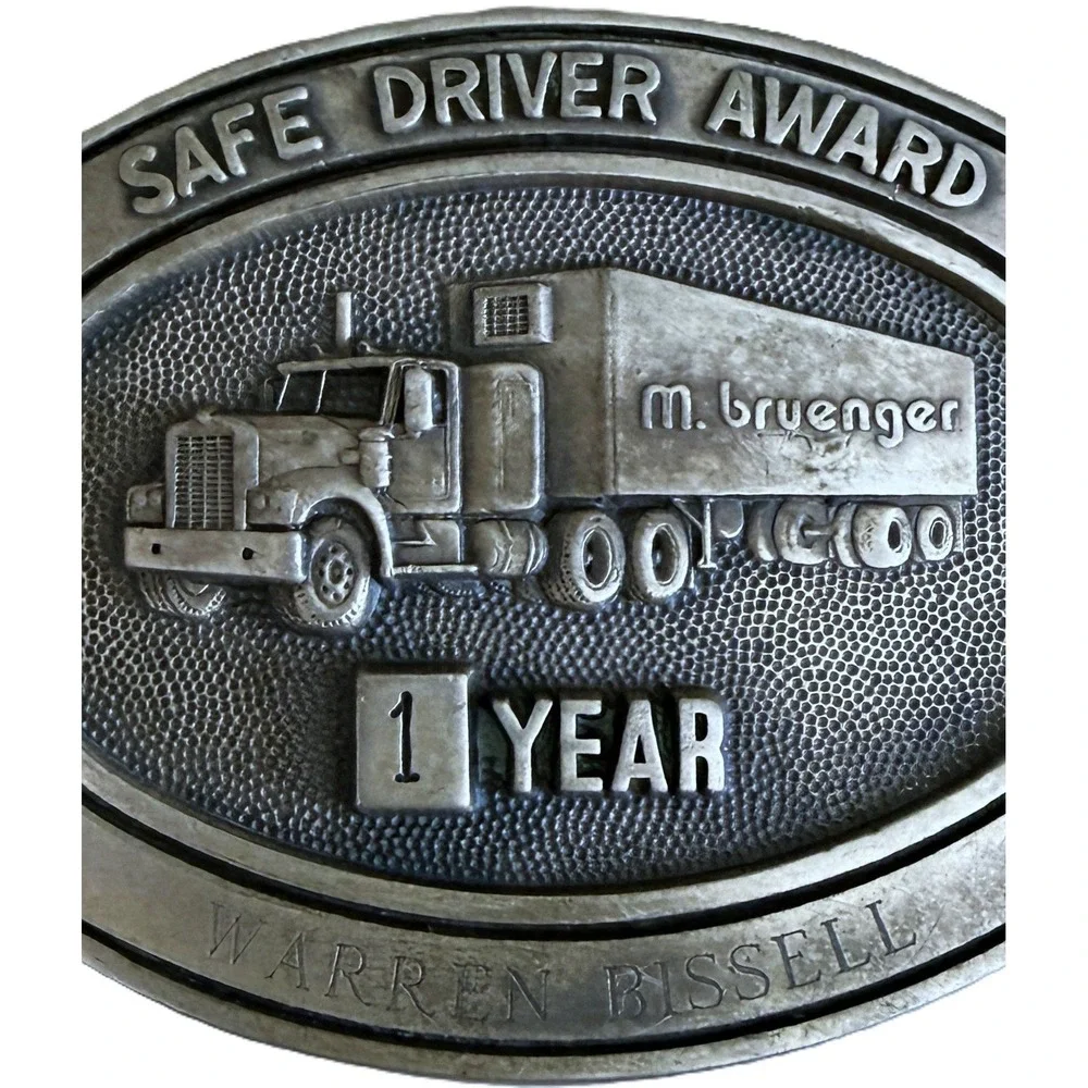 M. Bruenger Trucking 1981 Safe Driver Award Belt Buckle Solid Brass Vintage